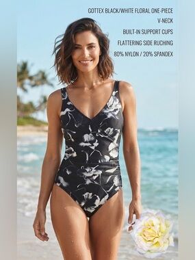 Gottex Black & White Floral V-Neck Ruched One-Piece Bra Cups Lining Swimsuit 8